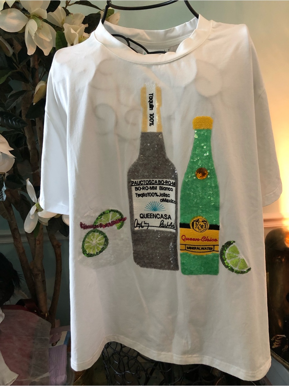 QUEEN OF SPARKLES 💖 White Short-Sleeve Sequin Beverage Graphic Tee